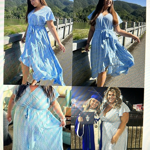 💙 Viral Blue Wrap Midi Dress – Flutter Sleeve, Tie Waist, High-Low Hem - Picture 2 of 4